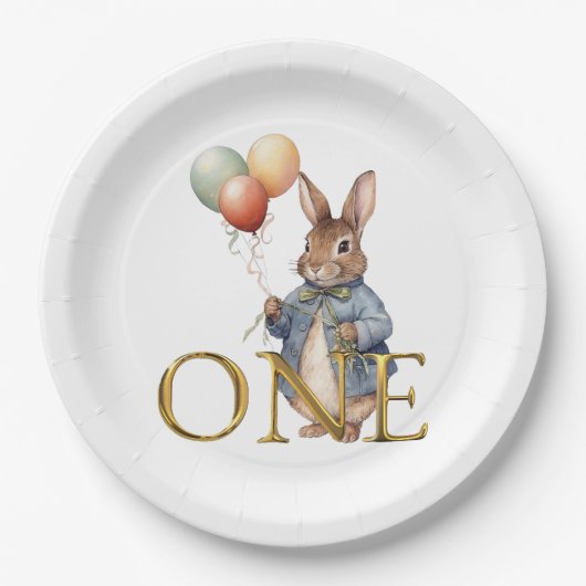 ウサギと風船 初めての誕生日 ONE ペーパープレート (正面)