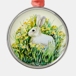 ウサギと黄色い花 メタルオーナメント