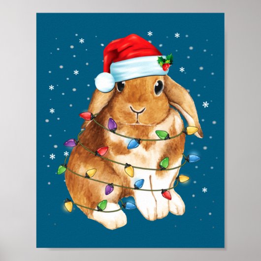 ウサギのクリスマス ライト サンタ帽子 面白い クリスマス ポスター (正面)
