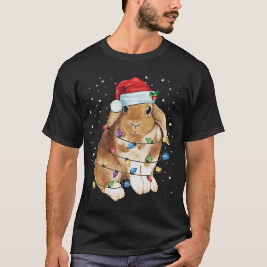 ウサギのクリスマス ライト サンタ帽子 面白い クリスマス Tシャツ (正面)