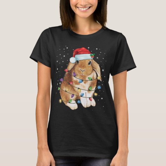 ウサギのクリスマス ライト サンタ帽子 面白い クリスマス Tシャツ (正面)