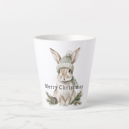 ウサギのグリーンハットのクリスマス カフェラテマグ (正面)