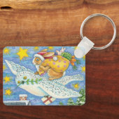 ウサギのサンタクロースとフクロウのクリスマス, ヴィンテージイラストの楽しいクリスマスの休日イメージ キーホルダー (正面)