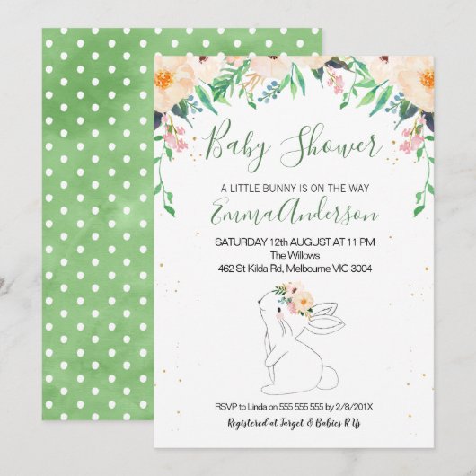 ウサギのジェンダーニュートラルベビーシャワー招待状 招待状 (正面/裏面)