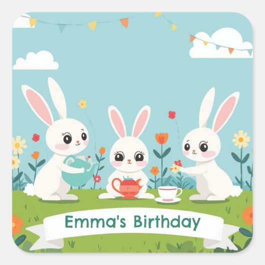 ウサギのティーパーティー ステッカー | かわいいうさぎの誕生日 (正面)