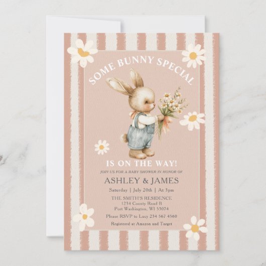 ウサギのデイジーフラワーいくつかのバニーが途中にある 招待状 (正面)