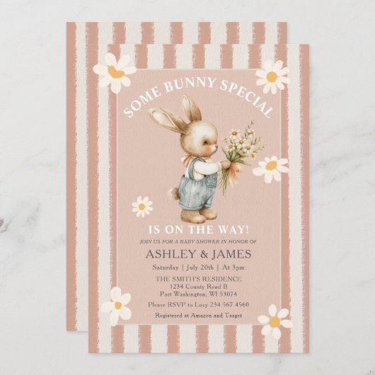 ウサギのデイジーフラワーいくつかのバニーが途中にある 招待状 (正面/裏面)