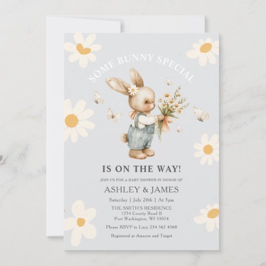 ウサギのデイジーフローラいくつかのバニーが途中にある 招待状 (正面)