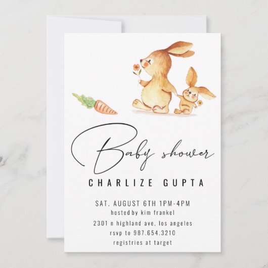 ウサギのニンジンの花の赤ちゃんシャワー招待状ガールピンク 招待状 (正面)