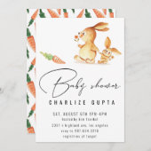 ウサギのニンジンの花の赤ちゃんシャワー招待状ガールピンク 招待状 (正面/裏面)