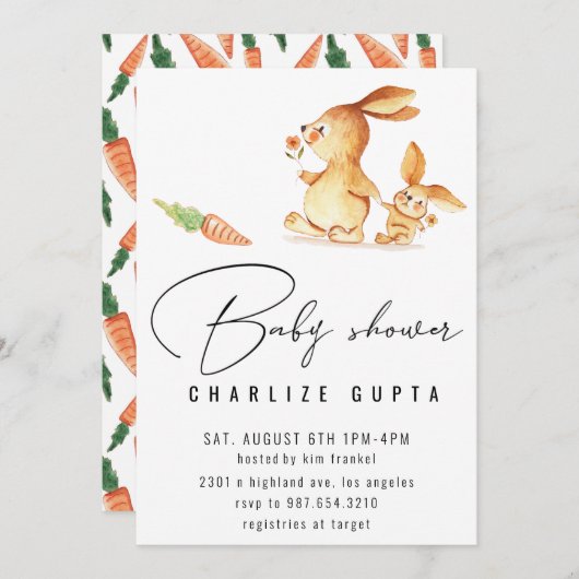 ウサギのニンジンの花の赤ちゃんシャワー招待状ガールピンク 招待状 (正面/裏面)
