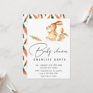 ウサギのニンジンの花の赤ちゃんシャワー招待状ガールピンク 招待状