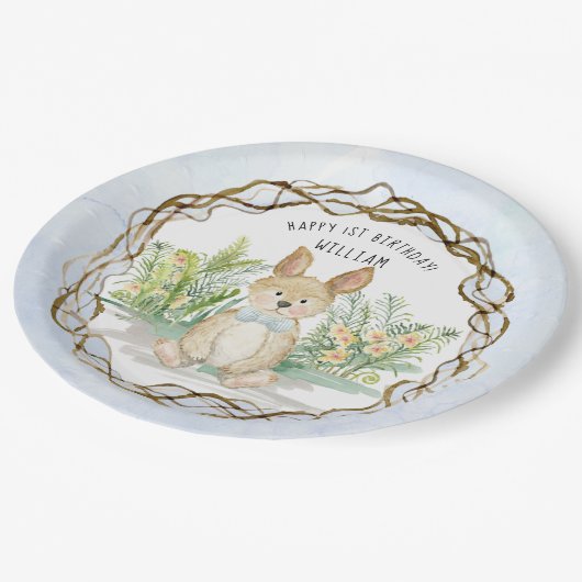ウサギのバニー弓、水彩絵の具を結ぶ1歳の誕生日 ペーパープレート (アングル)