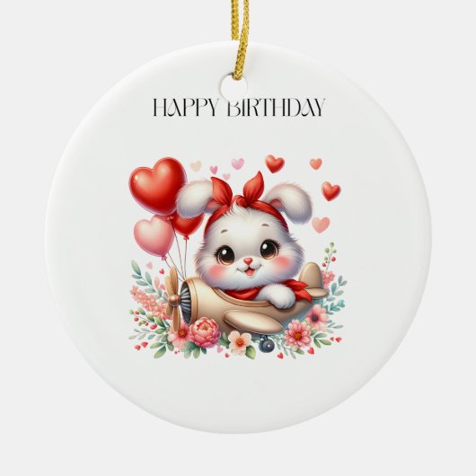 ウサギのパイロット お誕生日 セラミックオーナメント (正面)