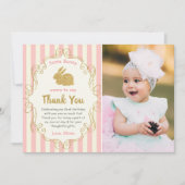 ウサギのピンクとゴールドの誕生日写真ありがとう サンキューカード (正面)