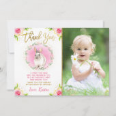 ウサギのピンクの花のゴールドグリッター写真の誕生日 サンキューカード (正面)
