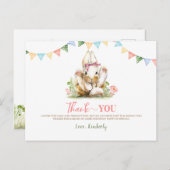 ウサギのピンクの花の誕生日お礼 ポストカード (正面/裏面)