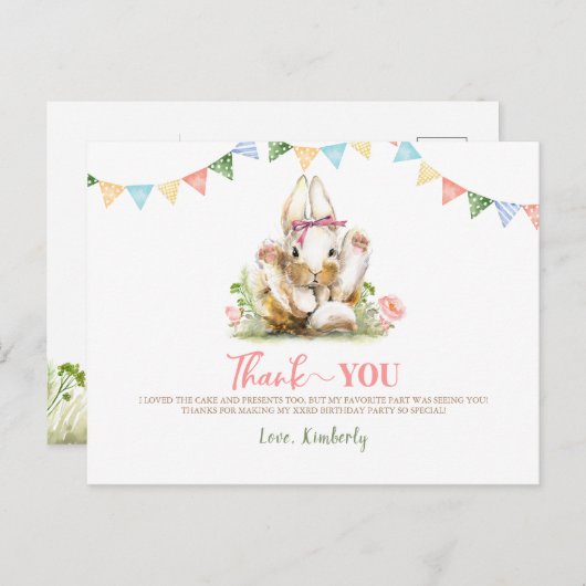 ウサギのピンクの花の誕生日お礼 ポストカード (正面/裏面)