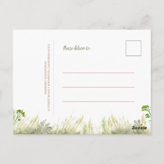 ウサギのピンクの花の誕生日お礼 ポストカード (裏面)