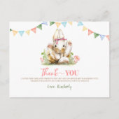 ウサギのピンクの花の誕生日お礼 ポストカード (正面)