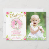 ウサギのピンクの花の金ラメの写真の誕生日 サンキューカード (正面)