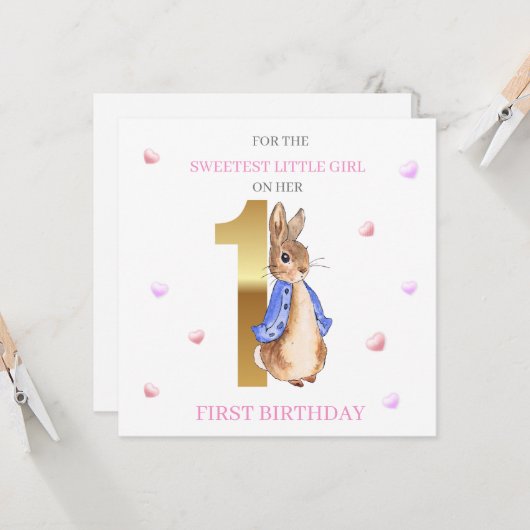 ウサギのピーター最初の誕生日の挨拶 カード (正面/裏面インサイチュ)