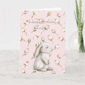 ウサギのローズ フラワーバースデー カード (正面)