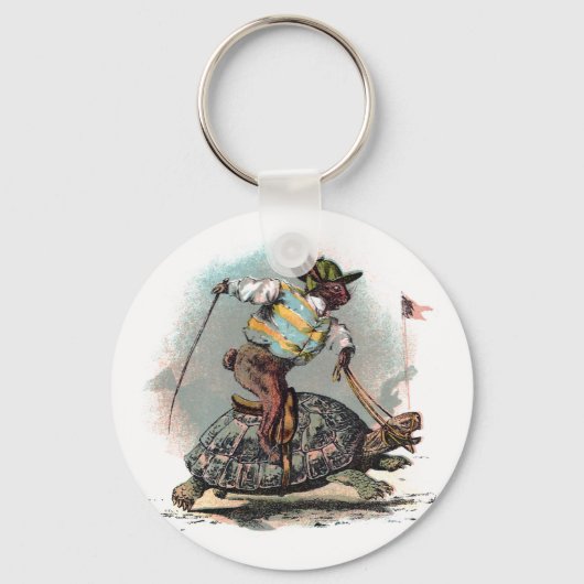 ウサギの亀に乗ってレースをする キーホルダー (正面)