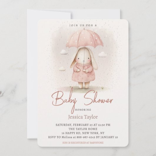 ウサギの傘 ピンクの水彩 ガール ベビーシャワー 招待状 (正面)