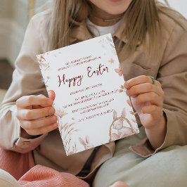 ウサギの卵と花の赤い幸せなイースター 招待状