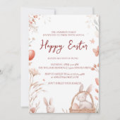 ウサギの卵と花の赤い幸せなイースター 招待状 (正面)