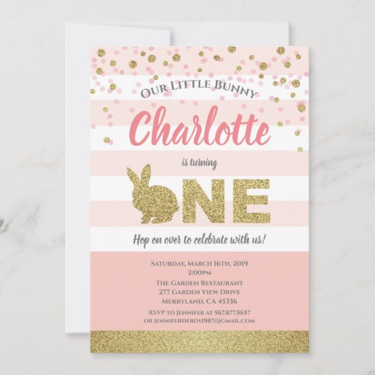 ウサギの女の子の1歳の誕生日招待状 ピンクとゴールド 招待状 (正面)