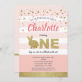 ウサギの女の子の1歳の誕生日招待状 ピンクとゴールド 招待状 (正面/裏面)