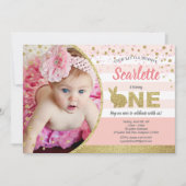 ウサギの女の子 1歳の誕生日写真招待ピンクゴールド 招待状 (正面)