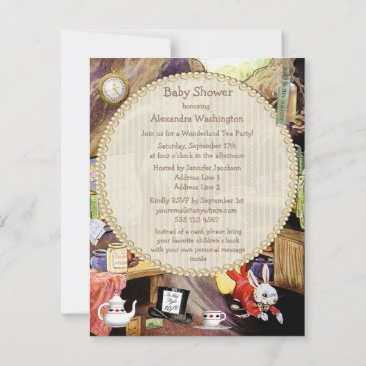 ウサギの巣穴の下で本のベビーシャワーを持って来て下さい 招待状 (裏面)