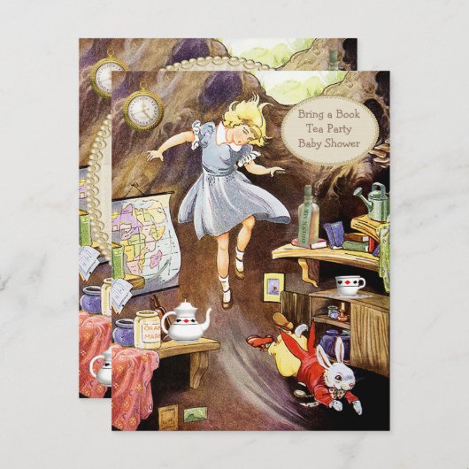 ウサギの巣穴の下で本のベビーシャワーを持って来て下さい 招待状 (正面/裏面)