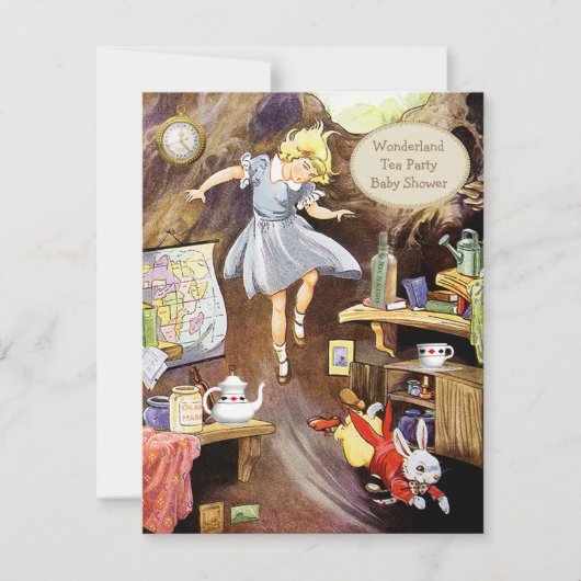 ウサギの巣穴の不思議の国のベビーシャワーの下のアリス 招待状 (正面)
