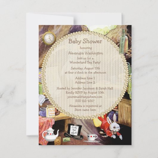 ウサギの巣穴の不思議の国のベビーシャワーの下のアリス 招待状 (裏面)