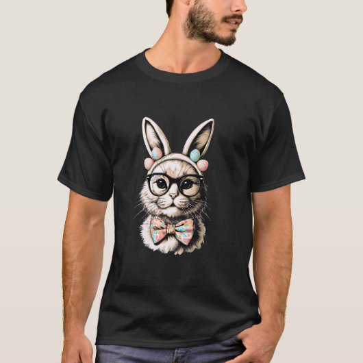 ウサギの耳とメガネをかけたかわいいイースターキャット Tシャツ (正面)