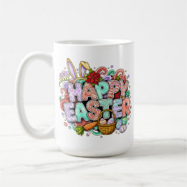 ウサギの耳と花で飾られたイースターアート コーヒーマグカップ