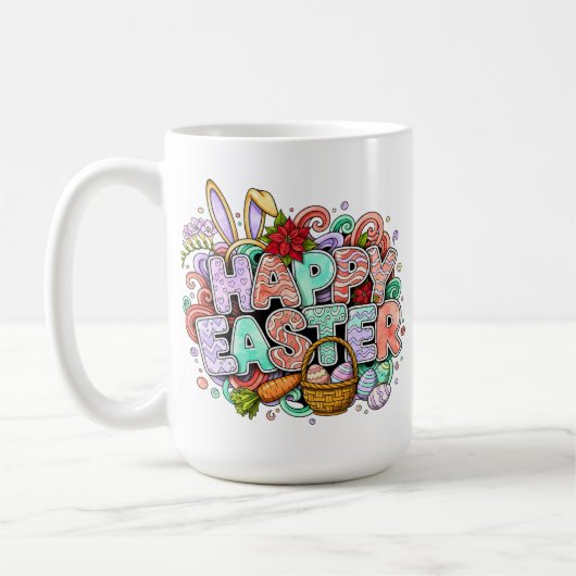 ウサギの耳と花で飾られたイースターアート コーヒーマグカップ (左)