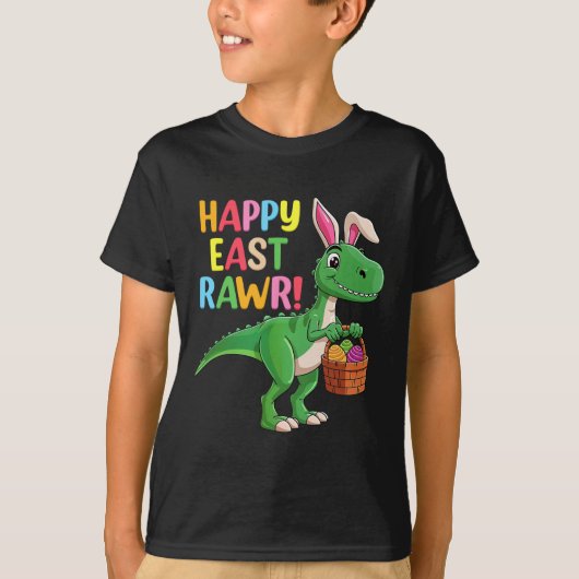 ウサギの耳の恐竜 ハッピーイースターエッグハント 男の子 女の子 Tシャツ (正面)