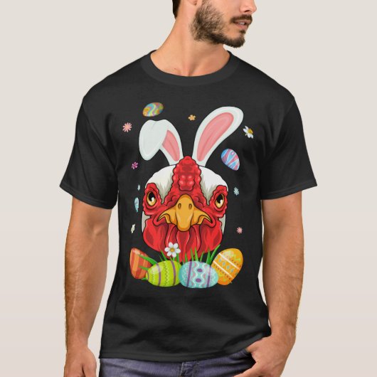 ウサギの耳をしたキュートなニワトリの顔 カラフルな卵 Ea Tシャツ (正面)