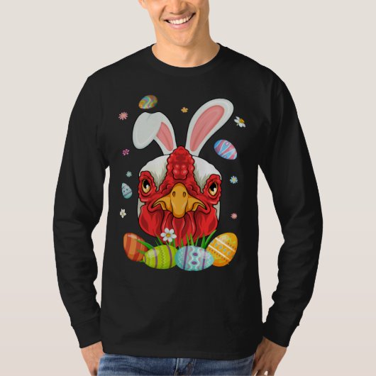 ウサギの耳をしたキュートなニワトリの顔 カラフルな卵 Ea Tシャツ (正面)