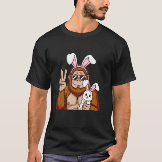 ウサギの耳をしたゴリラがピースサインをしている面白いデザイン Tシャツ (正面)
