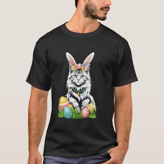 ウサギの耳をした子猫 イースターエッグ 楽しいお祭り Tシャツ (正面)