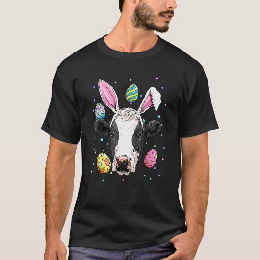 ウサギの耳をつけたかわいいイースターカウのイースターエッグ Tシャツ (正面)