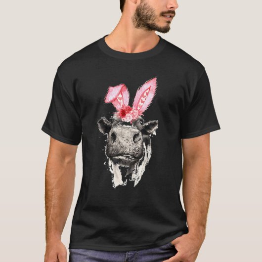 ウサギの耳をつけた牛 ハッピーイースター牧場 Tシャツ (正面)