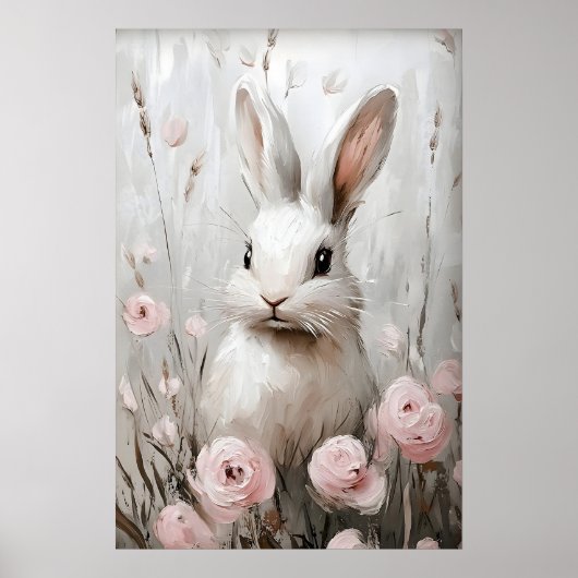 ウサギの花の肖像画プリント、アンティーク ファームハウス ポスター (正面)
