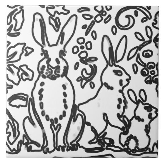 ウサギの葉白黒スケッチウッドランドアニマル タイル (正面)